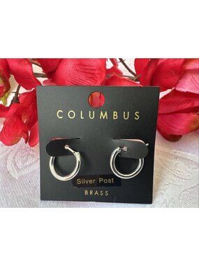 Columbus Silvertone Tiny Hoop Earrings Brass Real Silver Post 1/2" Feminine NEW